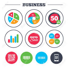 business pie chart growth graph bar and qr code icons scan