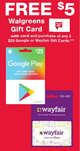 Is an american retail company that sells sportswear, casual clothing, accessories and footwear. Expired Walgreens Buy 2x 25 Google Play Or Wayfair Gift Cards Get 5 Walgreens Gift Card Free Gc Galore