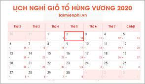Giỗ tổ hùng vương 10/3/2021 được nghỉ một ngày vào ngày giỗ tổ hùng vương 10/03 âm lịch, người lao động sẽ được nghỉ 1 ngày và được tổng cộng số ngày nghỉ tết nguyên đán 2020 là 7 ngày, từ ngày 29 tháng chạp năm kỷ hợi 2019 đến hết ngày mùng 5 tháng giêng năm canh tý 2. Giá»— Tá»• Hung VÆ°Æ¡ng Ä'Æ°á»£c Nghá»‰ Máº¥y Ngay Lá»… 10 3 2020 Vao Thá»© Máº¥y