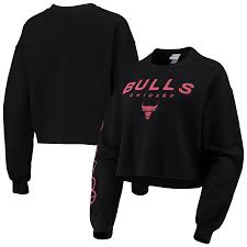 Women S Junk Food Black Chicago Bulls Cut Off Moderate Crop Fleece Crew Sweatshirt