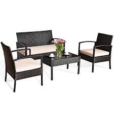 4 Piece Wicker Patio Conversation Set With Beige Cushions Patio Rattan Furniture Set Glass Top Tabl In 2020 Rattan Furniture Set Patio Furniture Sets Patio Furnishings