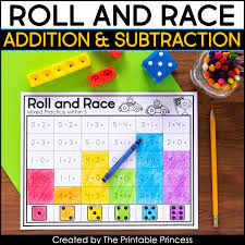 Some first grade math games are just slightly harder versions of kindergarten ones! Roll And Race Addition And Subtraction Dice Games The Printable Princess