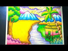 15 mewarnai gambar pemandangan gunung anak tk paud dan sd. Menggambar Dan Mewarnai Pemandangan Alam Sawah Dan Gunung Dengan Gradasi Crayon Drawing Scenery Youtube Cara Menggambar Pemandangan Gambar