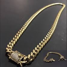 The Coolest Mens 24k Gold Plated Solid Stainless Steel Chain Iced Diamond Thick Miami Cuban Link Chain Bracelet Gold Chains For Men Chains For Men Mens Jewelry