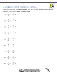 Whole numbers part (5+2+0) = 7 fractions part = + + since the denominators of fractions aren't the same find the lcm of denominators and express them as like fractions lcm(4, 5, 6) = 60 = + + = + + = = now add the like fractions and express the sum to its simplest form = 7 therefore, 5 , 2 , when added gives 7 Adding Improper Fractions Support Page