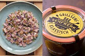 salat vom schwartenmagen mit grobem grillsenf schwartenmagen lebensmittel essen brot und butter
