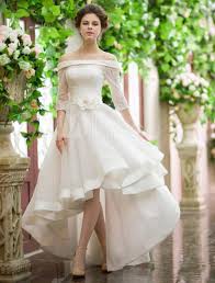 Vintage Style High Low Wedding Dresses Off Shoulder Half Sleeve Flower Belt Lace Organza Sho Wedding Dresses High Low Short Wedding Dress Wedding Dress Organza
