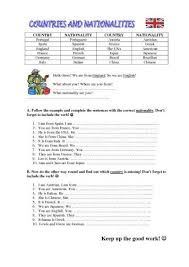 Countries Nationalities English Exercises National English Lessons