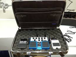 Large slanted black and red board with pedal switcher. Diy Vintage Briefcase Guitar Effects Pedalboard Part 1 Onigiri Everyday