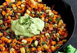 Sweet Potato Hash Recipe With Creamy California Avocado Sauce California Avocados Recipe Sweet Potato Hash Recipes Sweet Potato Hash Recipe