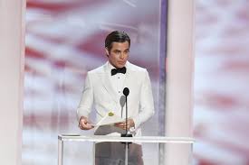 Chris Pine in a cream tuxedo and velvet slippers at the SAG Awards