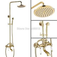 This bathroom has a unique sage green wall color, giving it an earthy and cool feel, and is paired with simple white vintage clawfoot tub. Gold Color Brass Luxury Rain Shower Faucet Set With Handheld Shower Head Bathroom Wall Mounted Clawfoot Bathtub Mixer Tap Wgf364 Faucet Set Shower Faucet Setrain Shower Faucet Set Aliexpress
