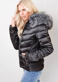 Satin Shine Faux Fur Hooded Padded Puffer Jacket Coat Black Womens Black Coat Puffer Jacket Women Puffer Jackets