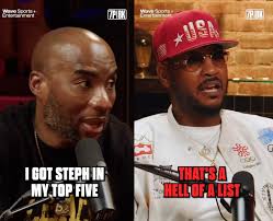 Charlamagne tha God's top 5 players: 1. Michael Jordan 2. Kobe Bryant 3.  Steph Curry 4. LeBron James 5. Magic Johnson Melo: "Steph is the greatest  shooter, best point, he's one of