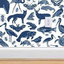 Colorful Fabrics Digitally Printed By Spoonflower Linocut Animals Navy Blue Animals Fabric Zoo Animals Botanical Design Nursery Baby Kids Fabric Andrea Lau Boys Room Wallpaper Nursery Room Boy Green Boys Room