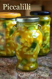 Green tomato relish (piccalilli) chop the tomatoes, gherkins, peppers and onions, mix with the salt and set aside for 12 hours. Piccalilli English Style Pickles Cauliflower Onions And Gherkins In Mustard Christina S Cucina