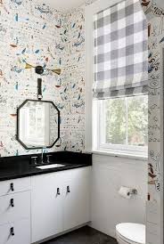 Black And White Toile Wallpaper Bathroom Saul Steinberg Aviary Wallpaper In A Boys Bathroom Surrounds A White Washstand With Black Boys Bathroom Roman Shades Living Room Window Treatments Living Room