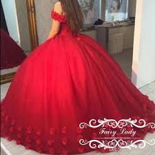 Red 3d Floral Appliques Puffy Ball Gown Quinceanera Dresses Sweet 16 Off Shoulder Red Tulle Lace Up Back 2017 Party Ball Gowns Ball Dresses Quinceanera Dresses