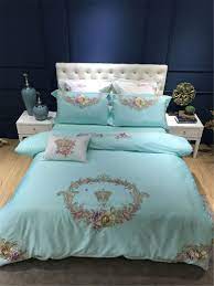 100s Egyptian Cotton Embroidery Bed Linen Set Luxury Royal Bedding Set Queen King Size Blue Duvet Cover Bed Sheet Set Bed Linen Sets Bed Sheet Sets Bed Sheets
