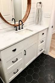 Black And White Vanity Ideas Like White Cabinets White Counters Black Hardware Faucet Hexagon Tile Maybe In A L Modern Farmhouse Bathroom Farmhouse Bathroom Vanity Bathrooms Remodel
