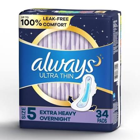 Always Ultra Thin Pads with Wings, Size 5, Extra Heavy Overnight  AbsorbencyPack of 34
