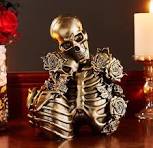 AWNR Skull Decor Halloween Decoration: Gold Skeleton Figurines Resin Couple Statue Home Decor for Shelf Table Mantel Vintage Collectible Wedding Gift