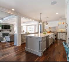 What's the difference between a white kitchen and a grey kitchen? Light Grey Cabinets With White Quartz Counter Open Kitchen Family Room Concept Light Gray Cabinets Traditional Kitchen Home Kitchens