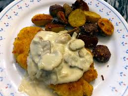 Serve the pork schnitzel with the mushroom gravy, a wedge of lemon, and garnish with parsley. Chicken Schnitzel With Creamy Mushroom Sauce Oh Snap Let S Eat