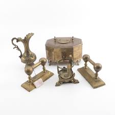 Gently used, vintage, and antique brass candle holders. Brass Storage Box Fireplace Chenets Candle Holder And Pitcher Ebth