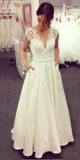 A Line V Neck Lace Top Ivory Wedding Dresses Satin Skirt With Pockets Ow516 Wedding Dresses Satin Ivory Wedding Dress Popular Wedding Dresses