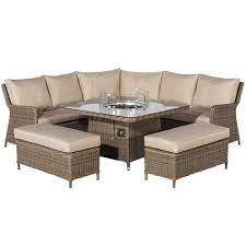 Buy online today for home delivery. Taransay Royal Garden Corner Dining Set With Fire Pit In Natural Weave And Beige Fabric Garden Corner Sets Garden Furniture