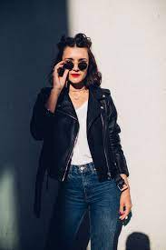 Anisa Sojka Styles Black Zara Faux Leather Jacket White V Neck Simple Asos T Shirt White Shirt And Blue Jeans High Waisted Jeans Outfit Black And White Shirt