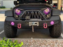 Angry Shark Grill With Rgb Halo Headlight Fog Lights On The Jeep Wrangler Jk Black Jeep Wrangler Jeep Wrangler Unlimited Accessories Pink Jeep Wrangler
