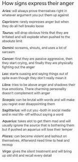 We have a solution for you. How Signs Express Their Anger Aries Will Always Prove Themselves Right In Whatever Argument You Put Them Up Against Capricorn Rarely Expresses Anger But When They Do All Hell Breaks Loose Taurus