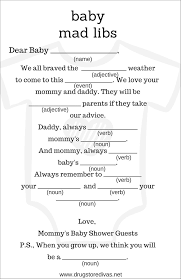 This mad lib only has nouns, verbs, and adjectives so it can be used with kindergarten common core classes. Diy Baby Shower Mad Libs With Free Printables Drugstore Divas