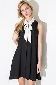 Black Bow Decor Lapel Sleeveless Shirt Dress White A Line Dress Dress Shirts For Women Shift Dress Black