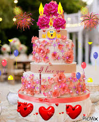 Three Tiered Birthday Cake with Pink Flowers and Hearts