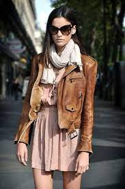 Light Pink Dress Brown Leather Jacket White Scarf Dark Brown Glasses 400 Jpg 400 600 Style Fashion My Style
