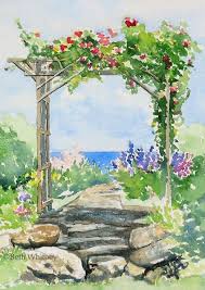 Pergola In Bloom Original Watercolor Painting By Beth Whitney Downeastwatercolo Downeastwate In 2020 Garden Painting Garden Watercolor Watercolor Illustration