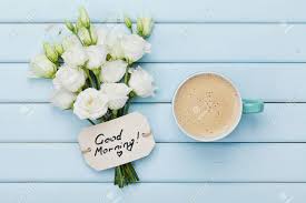 Coffee good morning flowers pics. Coffee Mug With White Flowers And Notes Good Morning On Blue Rustic Table From Above Beautiful Breakfast Flat Lay Stock Photo Picture And Royalty Free Image Image 63907636