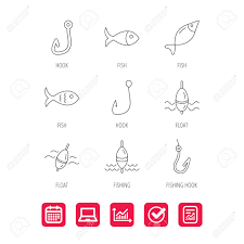 Fishing Hook And Float Icons Fish Waves Linear Signs Report