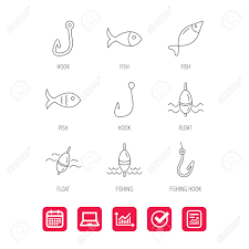 fishing hook and float icons fish waves linear signs report