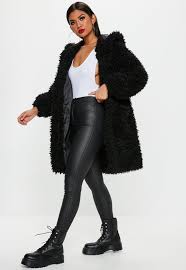 Missguided Black Hooded Borg Longline Teddy Coat All Black Outfit Winter Coat Jacket Missguided Black Faux Fur Coat Black Fur Coat Black Hooded Coat