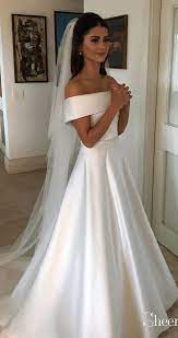 Simple Modest Ivory Off The Shoulder Wedding Dresses Awd1323 Off Shoulder Wedding Dress Wedding Dress Belt Wedding Dresses Satin