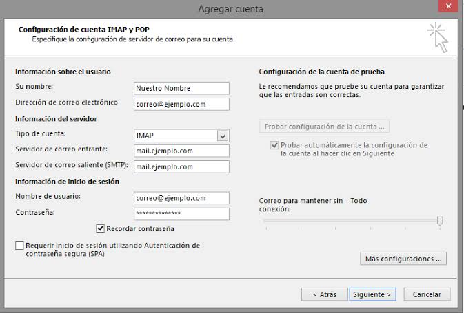 Panel de par&aacute;metros manuales en la interfaz cl&aacute;sica de Outlook., generada por IA