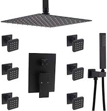 Matte black bathroom fixtures have become the finish of choice for bathroom remodels because it adds a depth to just about every kind of remodel style. Matte Black Shower Faucet Set Enga 12 High Pressure Modern Shower Head System With Body Sprays Luxury Bathroom Shower Fixtures Rain Mixer Shower Combo With Valve Ceiling Mount Matte Black Buy Online