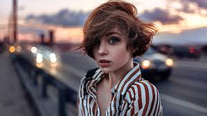 The most common blue short hair material is polyester. Hd Wallpaper Women S White And Brown Striped Top Short Hair Blue Eyes Portrait Wallpaper Flare