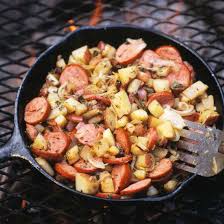 Skillet Sausage And Potatoes Camping Recipes Breakfast Campfire Food Cooking