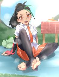 nemona (pokemon), creatures (company), game freak, nintendo, pokemon,  pokemon sv, absurdres, highres, 1girl, barefoot, black hair, feet, long  hair, looking at viewer, open mouth, orange eyes, ponytail, shorts, soles,  steam, striped clothes,