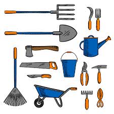 Hay una variedad de herramientas de jardinería diseñadas específicamente para diferentes tareas; Las Herramientas De Jardineria Para La Jardineria Y El Diseno De La Agricultura Con Dibujos De Colores De La Pala Horca Y Hacha Sierra Y Cuchillo Regadera Carretilla Cubo Y Rastrillo Cultivadores
